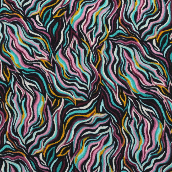 Tissu Jersey Multicolore à Imprimé Motifs Géométriques – Fluide et Moderne – Idéal pour Vêtements et Accessoires