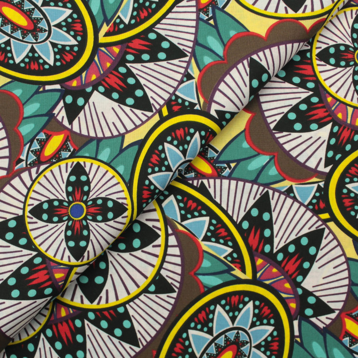 Tissu Coton Multicolore - Motif Géométrique Jaune, Blanc et Bleu - Idéal pour Couture et Décoration