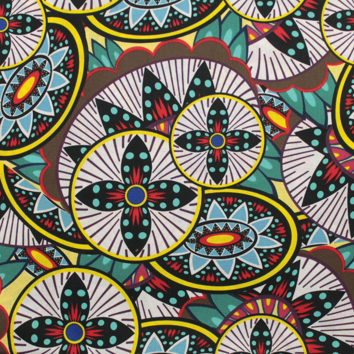 Tissu Coton Multicolore - Motif Géométrique Jaune, Blanc et Bleu - Idéal pour Couture et Décoration