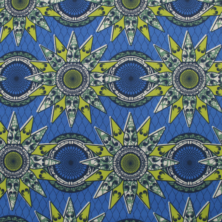 Tissu Coton Bleu Roi - Motif Géométrique Vert et Noir - Idéal pour Couture et Décoration