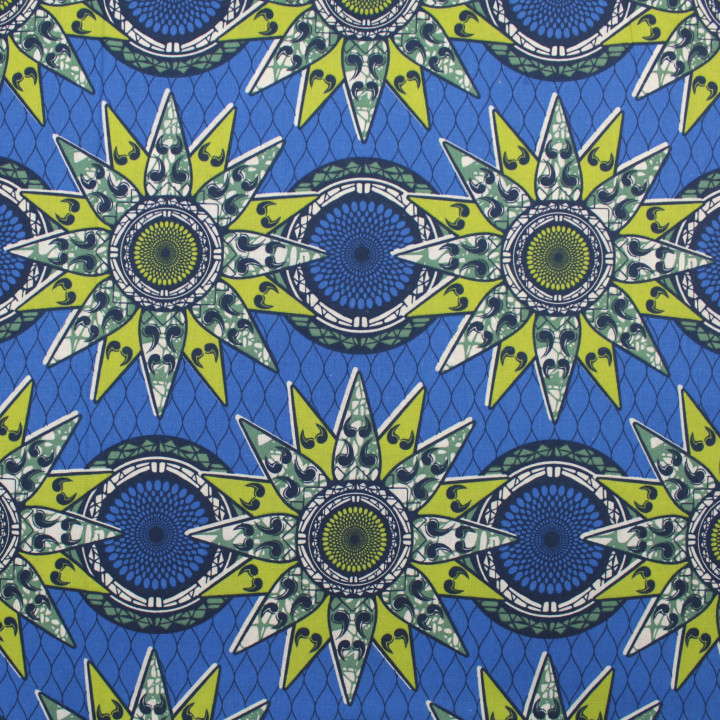 Tissu Coton Bleu Roi - Motif Géométrique Vert et Noir - Idéal pour Couture et Décoration