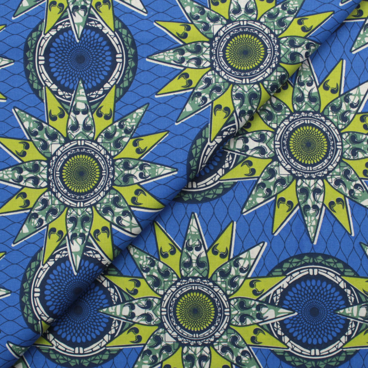 Tissu Coton Bleu Roi - Motif Géométrique Vert et Noir - Idéal pour Couture et Décoration