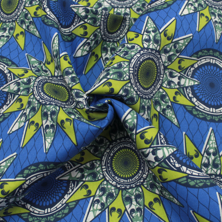 Tissu Coton Bleu Roi - Motif Géométrique Vert et Noir - Idéal pour Couture et Décoration