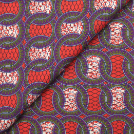 Tissu Coton Rouge - Motif Géométrique Cercles Imbriqués Violet et Vert