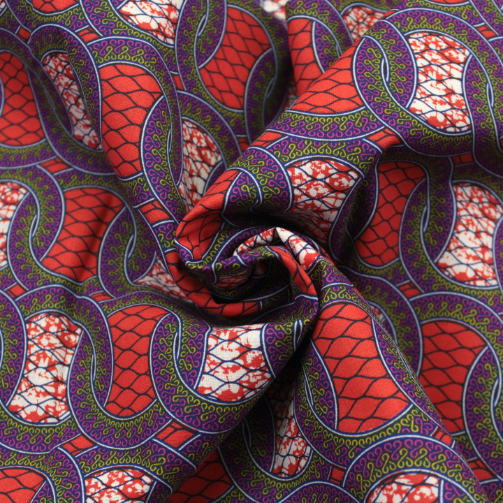 Tissu Coton Rouge - Motif Géométrique Cercles Imbriqués Violet et Vert