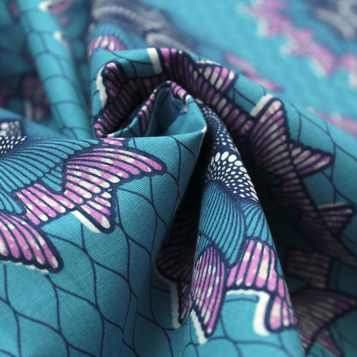 Tissu Coton Bleu Ciel - Motif Géométrique Violet et Bleu Nuit - Idéal pour Couture et Décoration