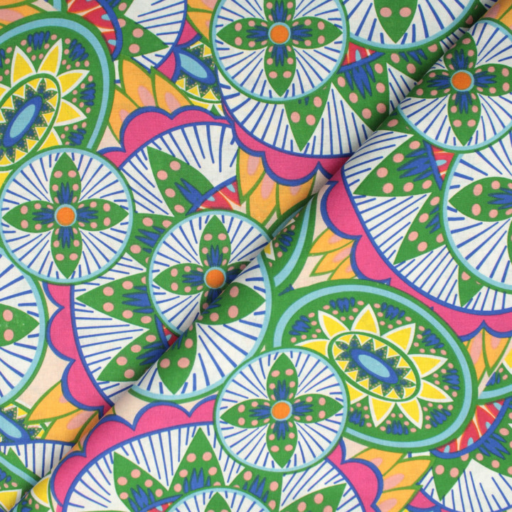 Tissu Coton Blanc - Motif Cercle Géométrique Multicolore - Idéal pour Couture et Décoration