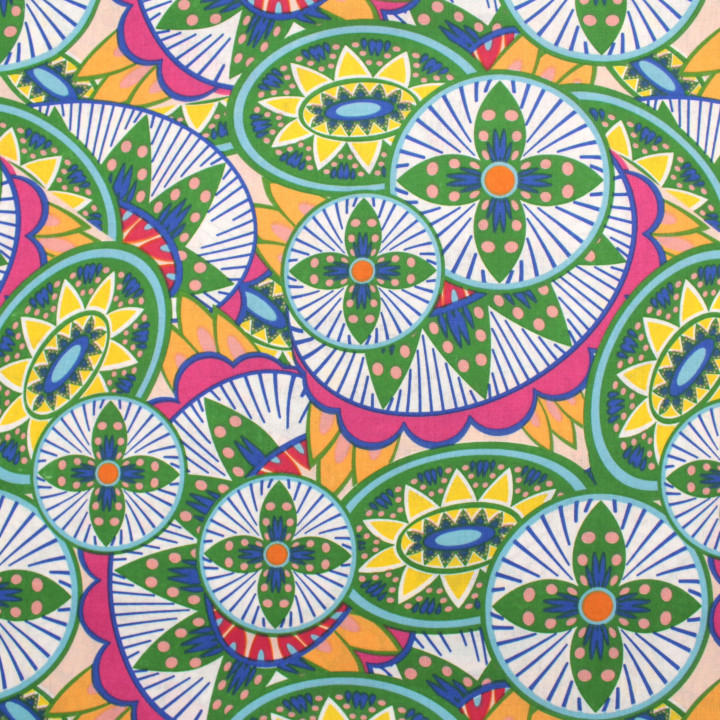 Tissu Coton Blanc - Motif Cercle Géométrique Multicolore - Idéal pour Couture et Décoration