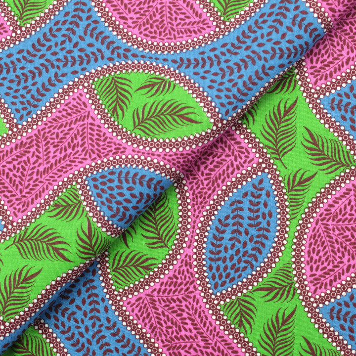 Tissu Coton Multicolore - Motif Vagues Géométriques Rose, Vert et Bleu - Idéal pour Couture et Décoration