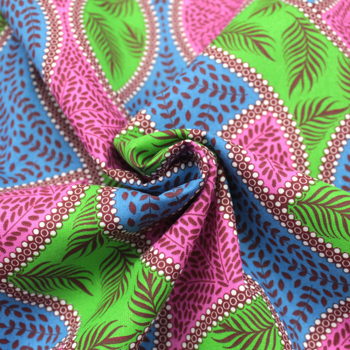 Tissu Coton Multicolore - Motif Vagues Géométriques Rose, Vert et Bleu - Idéal pour Couture et Décoration