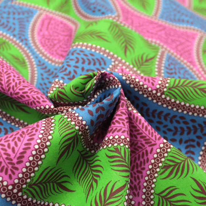 Tissu Coton Multicolore - Motif Vagues Géométriques Rose, Vert et Bleu - Idéal pour Couture et Décoration