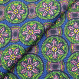 Tissu Coton Bleu Roi - Cercle Géométrique Vert & Motif Floral - Idéal pour Couture et Décoration