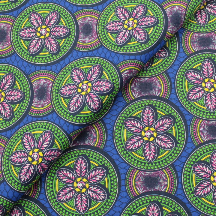 Tissu Coton Bleu Roi - Cercle Géométrique Vert & Motif Floral - Idéal pour Couture et Décoration