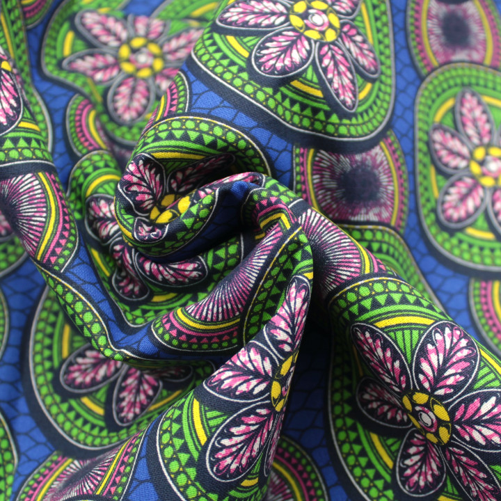 Tissu Coton Bleu Roi - Cercle Géométrique Vert & Motif Floral - Idéal pour Couture et Décoration