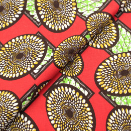Tissu Coton Rouge - Motif Géométrique Ronds et Carrés Vert & Marron - Idéal pour Couture et Décoration