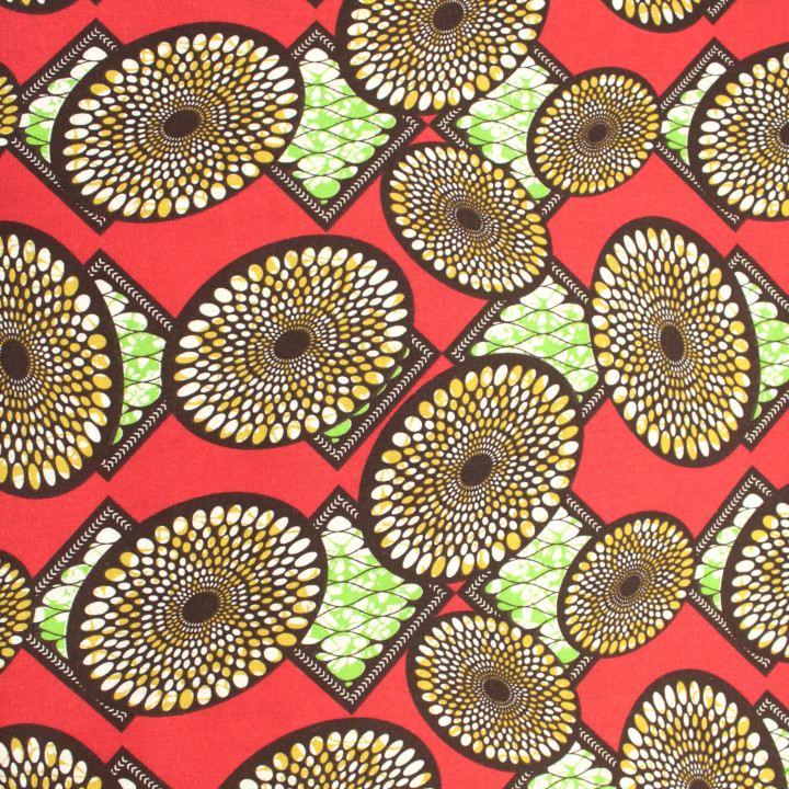 Tissu Coton Rouge - Motif Géométrique Ronds et Carrés Vert & Marron - Idéal pour Couture et Décoration