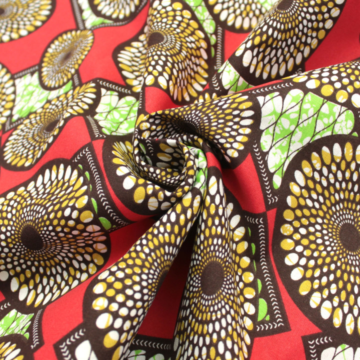 Tissu Coton Rouge - Motif Géométrique Ronds et Carrés Vert & Marron - Idéal pour Couture et Décoration