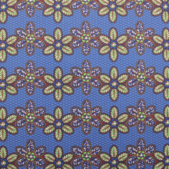 Tissu Coton Bleu Roi - Motif Géométrique Floral Vert - Idéal pour Couture et Décoration