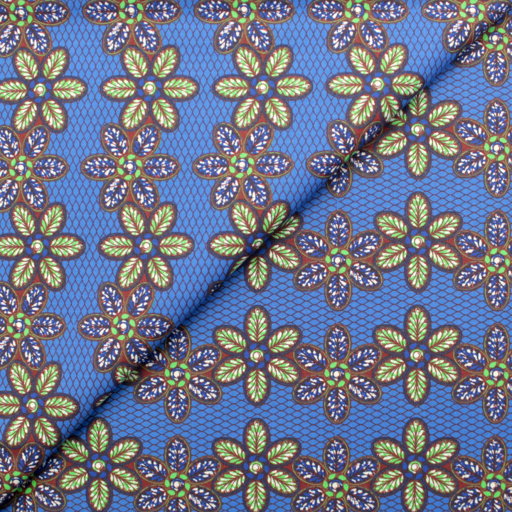 Tissu Coton Bleu Roi - Motif Géométrique Floral Vert - Idéal pour Couture et Décoration