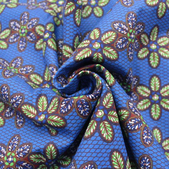 Tissu Coton Bleu Roi - Motif Géométrique Floral Vert - Idéal pour Couture et Décoration