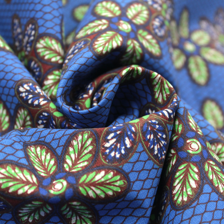 Tissu Coton Bleu Roi - Motif Géométrique Floral Vert - Idéal pour Couture et Décoration