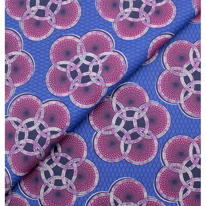 Tissu en Coton Bleu Roi avec Imprimé Géométrique de Ronds Violets