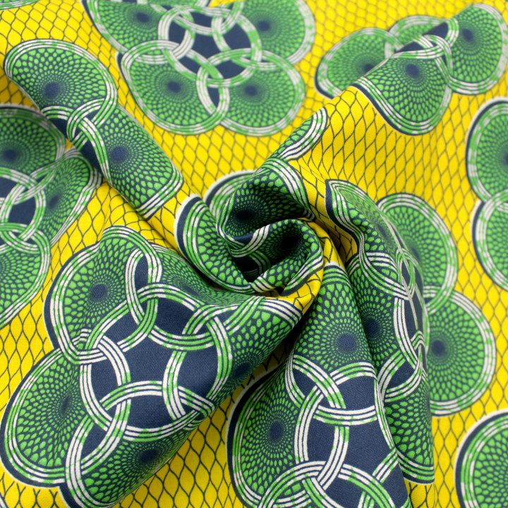 Tissu en Coton Jaune Vif avec Imprimé Géométrique de Cercles Verts