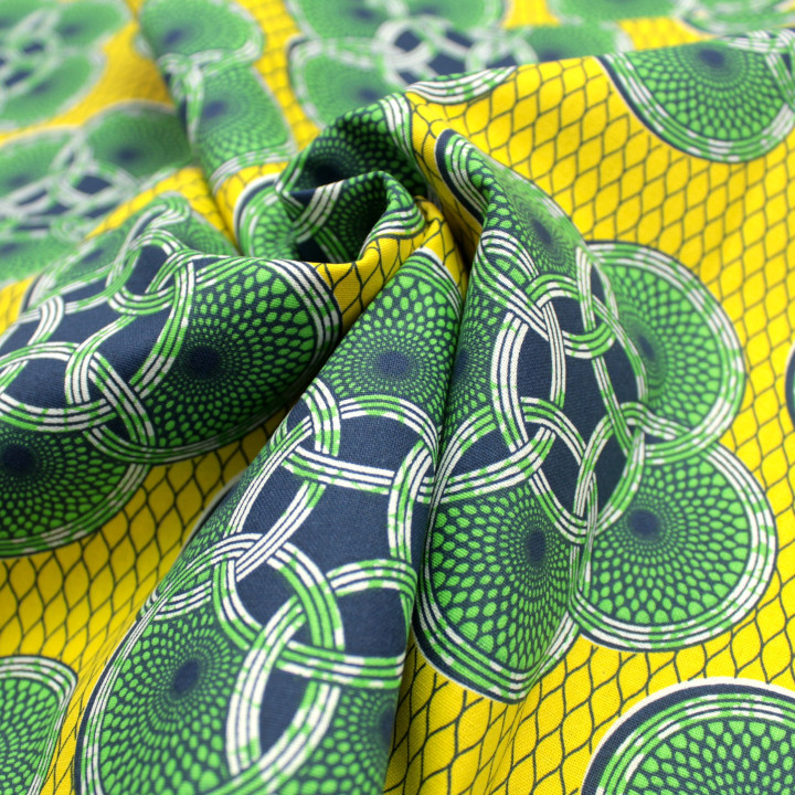Tissu en Coton Jaune Vif avec Imprimé Géométrique de Cercles Verts