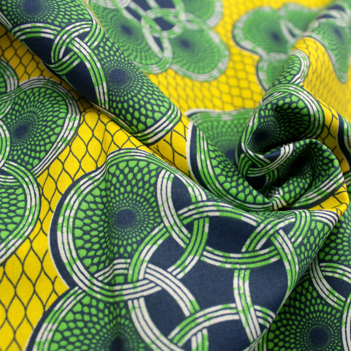Tissu en Coton Jaune Vif avec Imprimé Géométrique de Cercles Verts