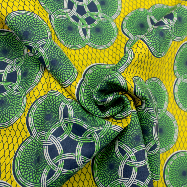 Tissu en Coton Jaune Vif avec Imprimé Géométrique de Cercles Verts