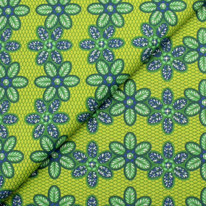 Tissu en Coton Vert avec Imprimé Floral Géométrique