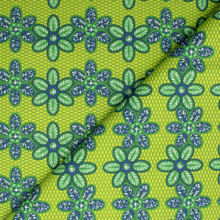 Tissu en Coton Vert avec Imprimé Floral Géométrique