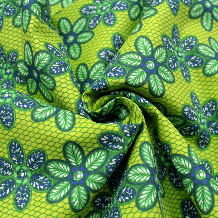 Tissu en Coton Vert avec Imprimé Floral Géométrique