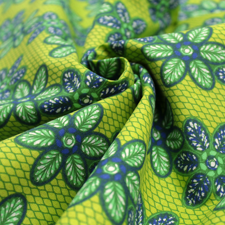 Tissu en Coton Vert avec Imprimé Floral Géométrique