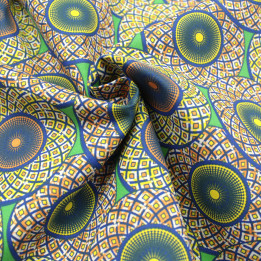 Tissu en Coton avec Imprimé Géométrique de Cercles Jaune, Orange et Bleu