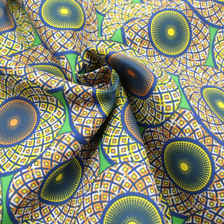 Tissu en Coton avec Imprimé Géométrique de Cercles Jaune, Orange et Bleu