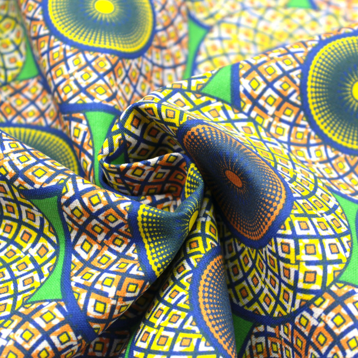 Tissu en Coton avec Imprimé Géométrique de Cercles Jaune, Orange et Bleu