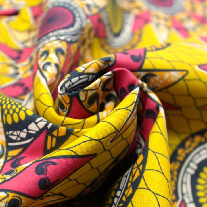 Tissu en Coton Jaune avec Imprimé de Cercles Géométriques Rouge et Noir