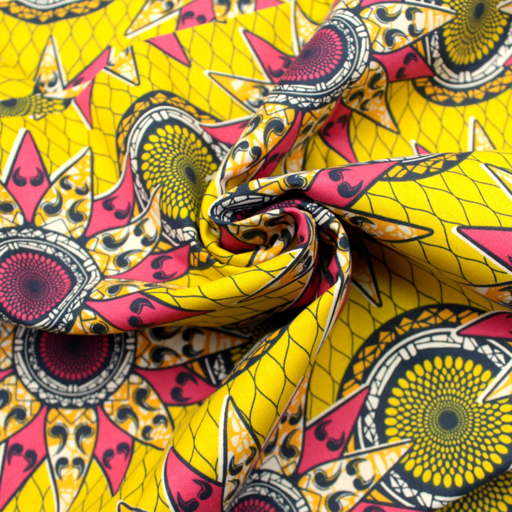 Tissu en Coton Jaune avec Imprimé de Cercles Géométriques Rouge et Noir