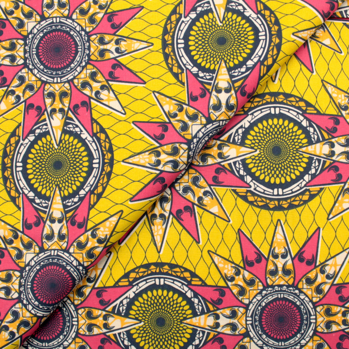 Tissu en Coton Jaune avec Imprimé de Cercles Géométriques Rouge et Noir