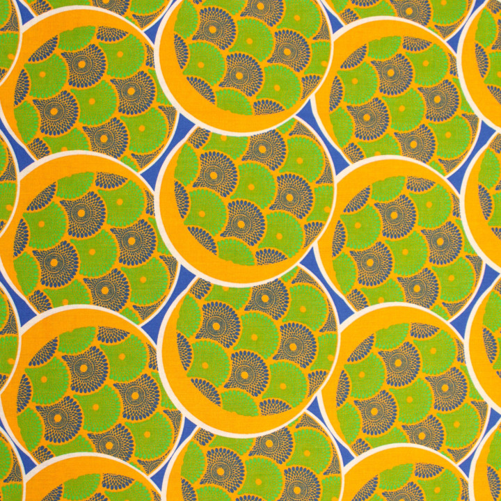 Tissu en Coton Vert et Bleu – Motif Cercles Géométriques Blanc et Orange – Idéal Décoration & Couture
