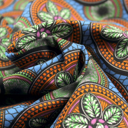 Tissu Coton Bleu Roi à Motif Cercles Géométriques Orange et Vert – Idéal pour Couture et Déco