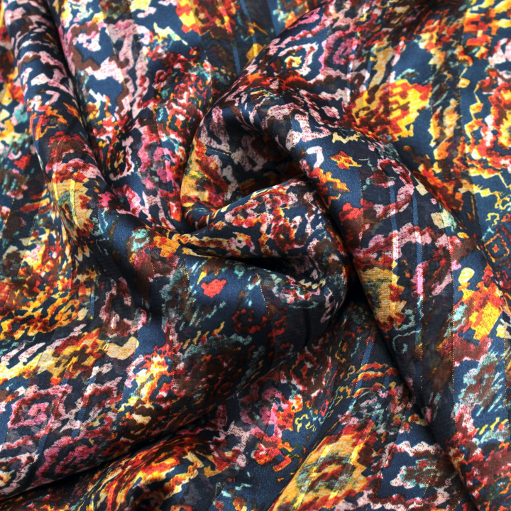Tissu Mousseline Transparent Multicolore à Motifs Géométriques et Rayures Dorées – Léger, Fluide et Chic