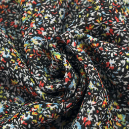 Tissu Mousseline Transparente Noire à Motifs Floraux Multicolores – Léger, Fluide et Élégant