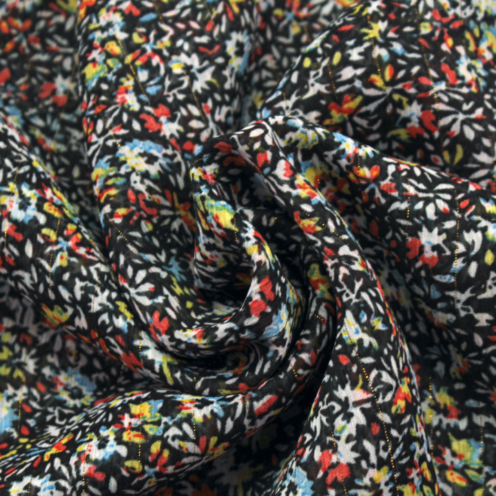 Tissu Mousseline Transparente Noire à Motifs Floraux Multicolores – Léger, Fluide et Élégant