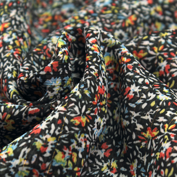 Tissu Mousseline Transparente Noire à Motifs Floraux Multicolores – Léger, Fluide et Élégant