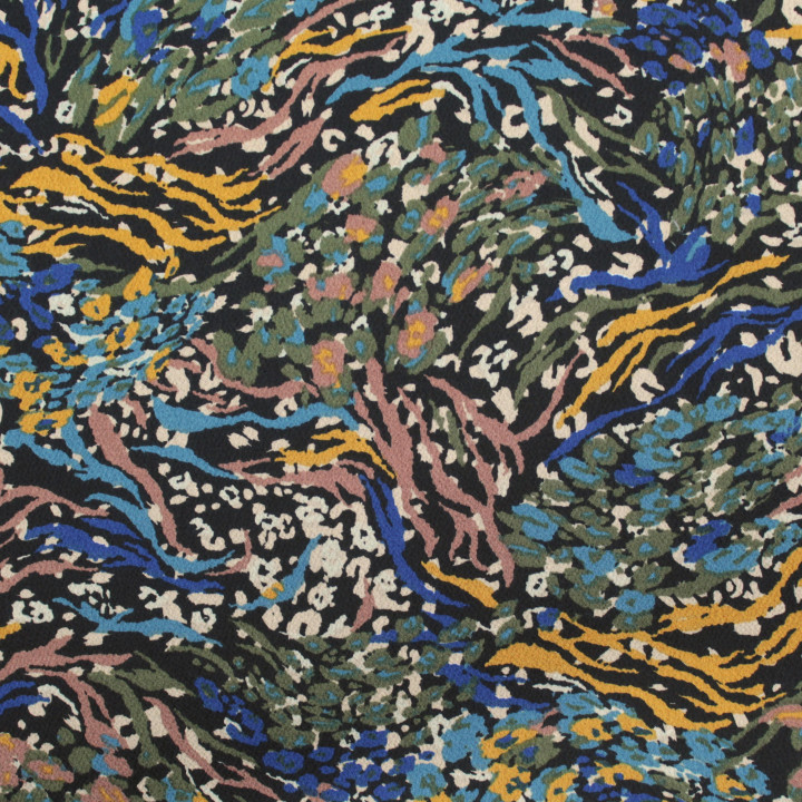 Tissu crêpe noir à motifs multicolores bleu, blanc et doré