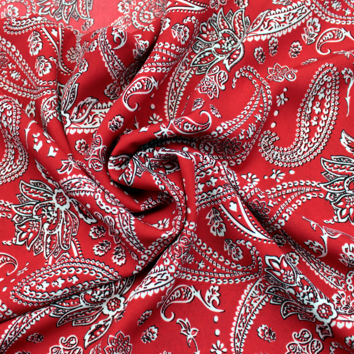 Tissu Rouge Vif à Motifs Blancs Contour Noir – Pour des Pièces Audacieuses