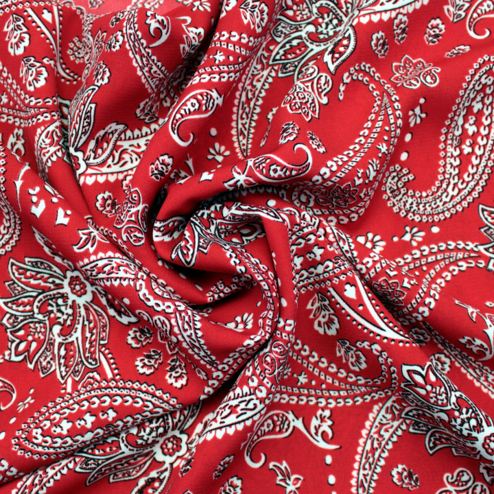 Tissu Rouge Vif à Motifs Blancs Contour Noir – Pour des Pièces Audacieuses