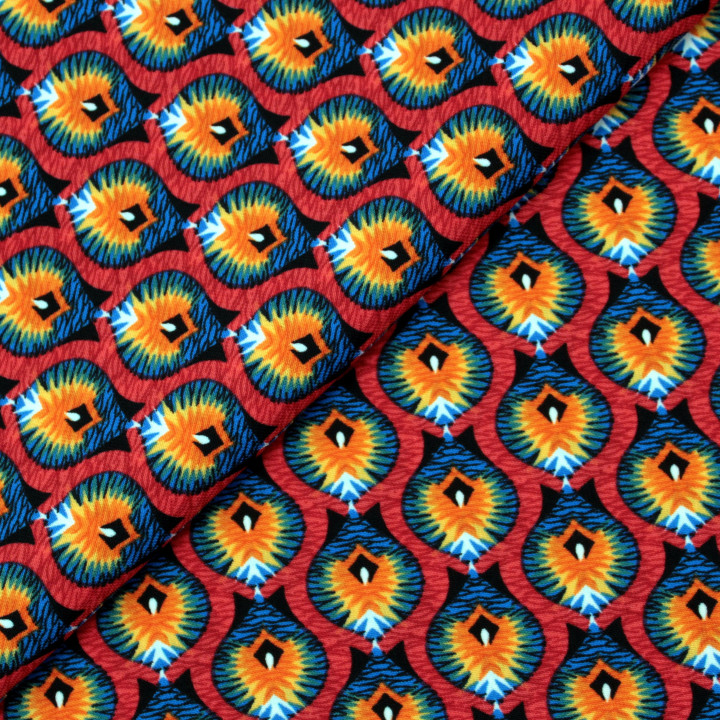 Tissu Rouge à Motifs Géométriques Bleu et Orange